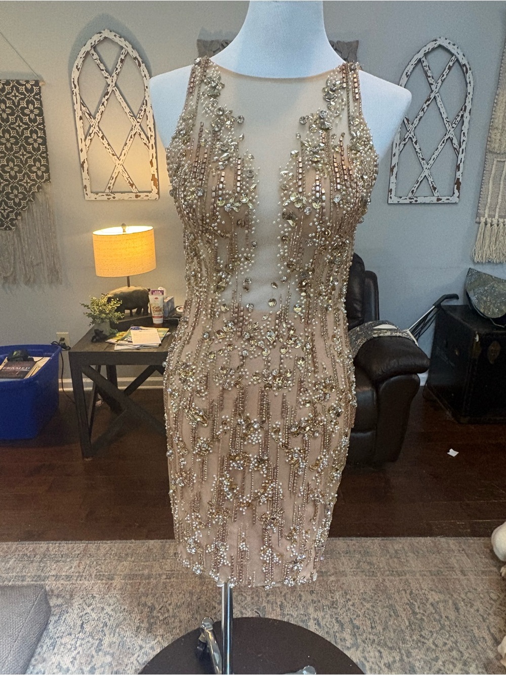 Terani Embellished Gold Beaded Sheath Dress